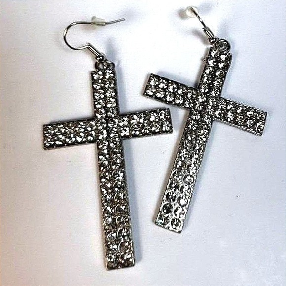 Jewelry - Cross Earrings Silver Rhinestone Statement Goth Y2K Streetwear Boho Chic